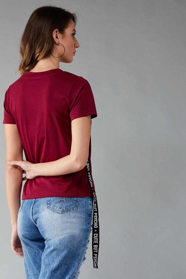 Buy DOLCE CRUDO Maroon Women's Girl Next Door Round Neck T-Shirt