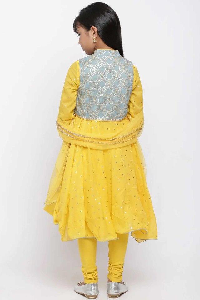 Girls Yellow And Blue Cotton Anarkali Suit Set