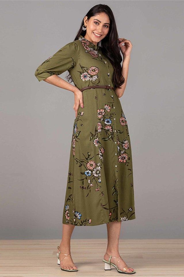 Buy BIBA Olive Printed Rayon Round Neck Women's Ethnic Dress