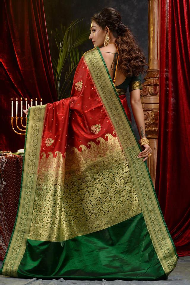 Lehenga style saree, Green crepe embroidered sari, U neck blouse