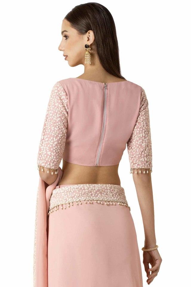 Buy INDYA Pink Embroidered Mesh Boat Neck Womens Regular Crop Top