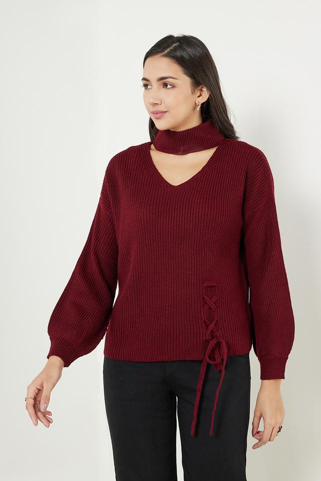 Buy FRATINI Wine Solid Regular Neck Polyester Womens Winter Wear