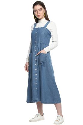 V neck denim hot sale pinafore dress