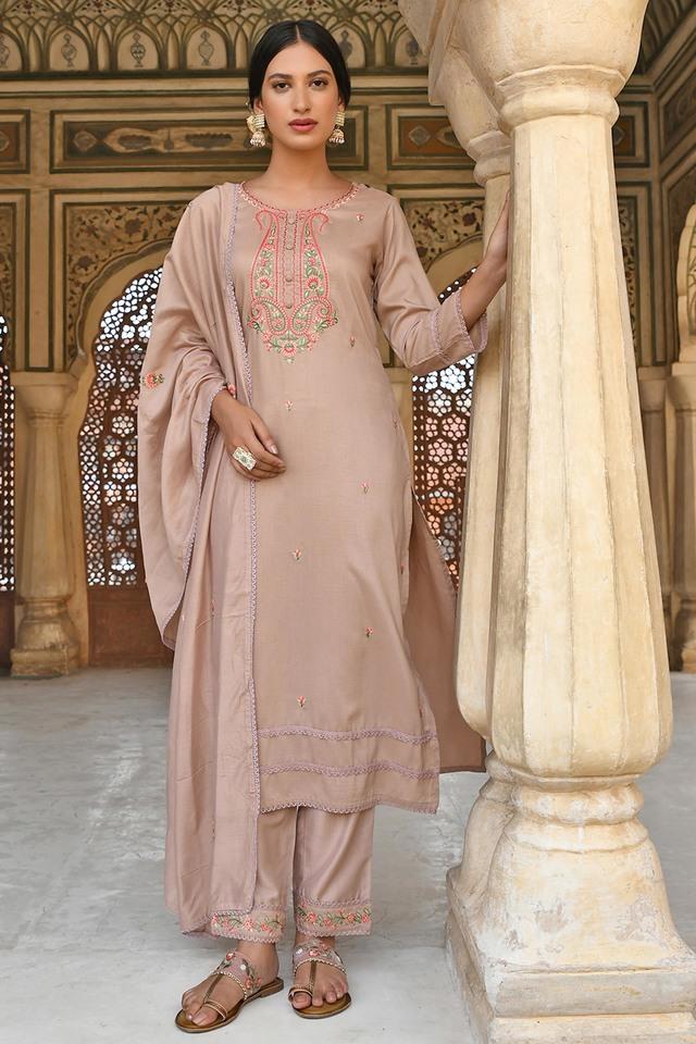 Buy JANASYA Pink Embroidered Silk Blend Round Neck Women's Salwar Suit