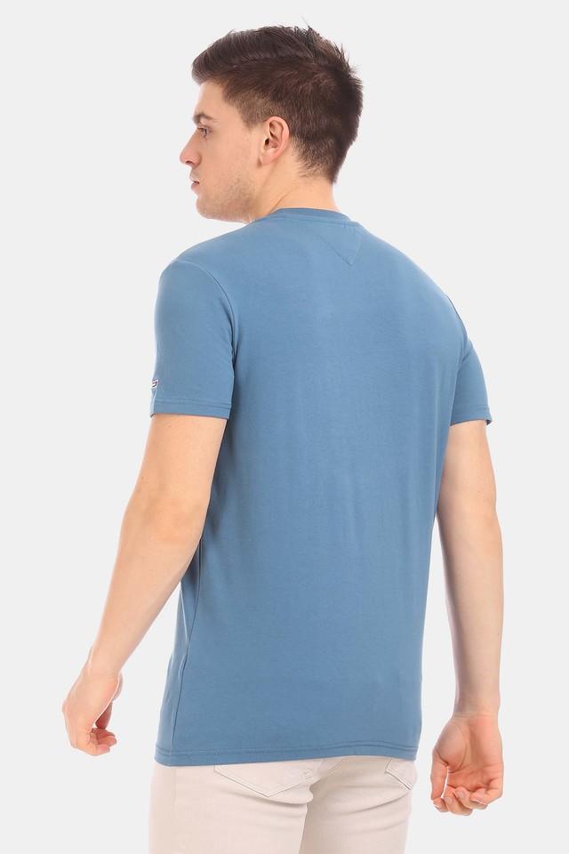 Mens Blue Embossed Cotton Stretch T Shirt