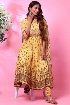 Buy BIBA Yellow Round Neck Cotton Womens Anarkali Suit Set