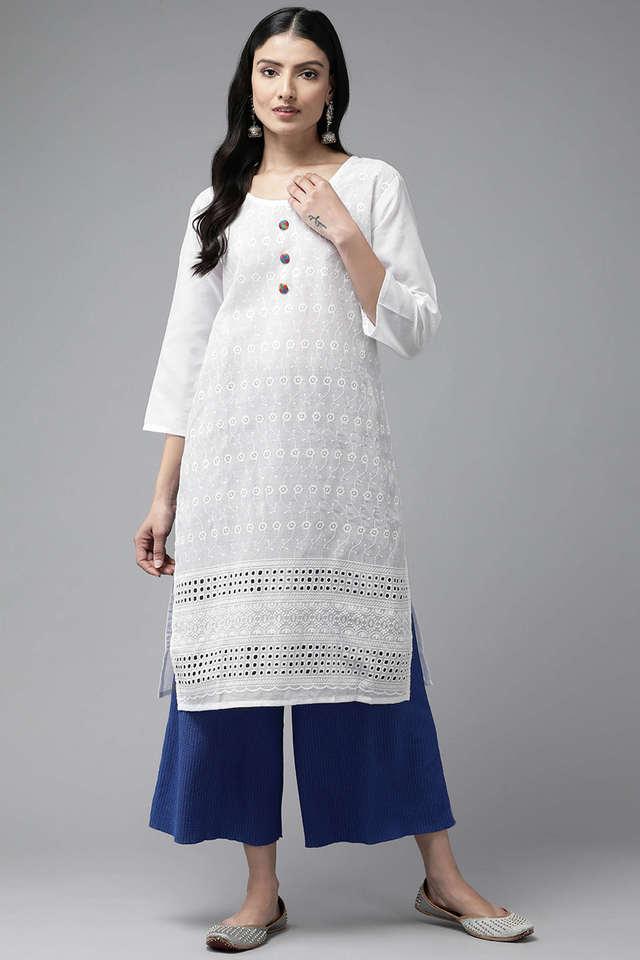 Buy AARIKA White Embellished Cotton Round Neck Women s Casual Wear Kurti Shoppers Stop