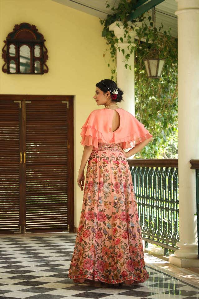 Crop Top Lehenga : Black organza floral printed crop top