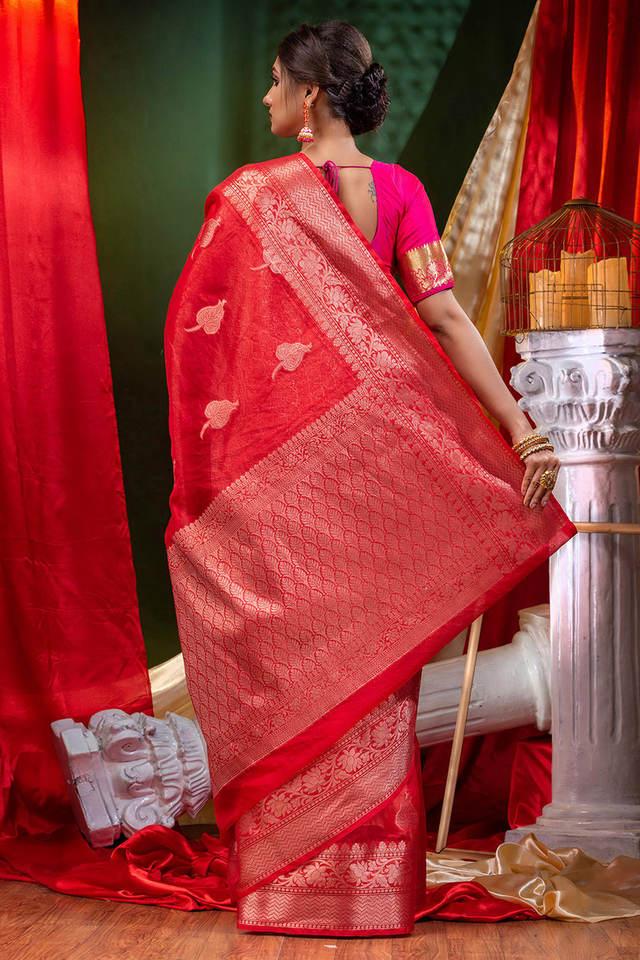 Buy HOUSE OF BEGUM Red Organza Saree Red With Rose Gold Zari with Blouse  Piece