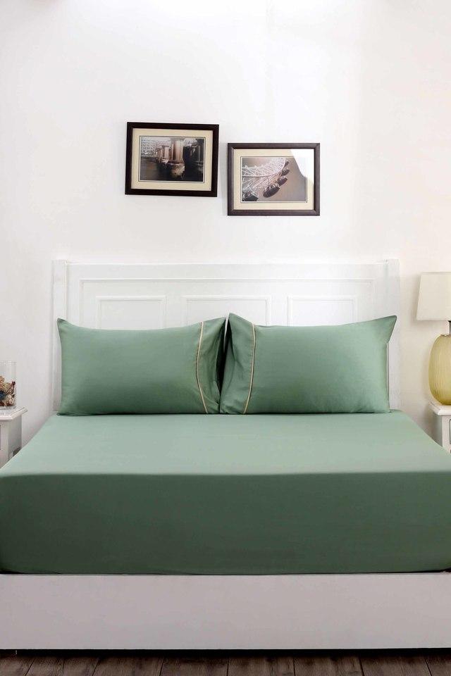 Buy MASPAR Green Viola 300TC Cotton Satin Double Bed Sheet with 2