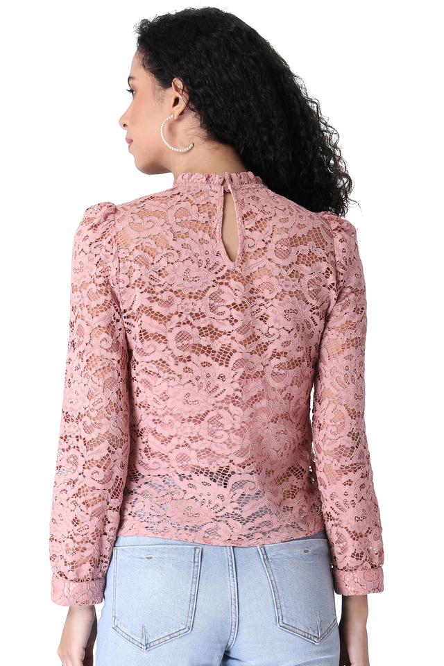 Buy FABALLEY Pink Floral Lace High Neck Women's Top