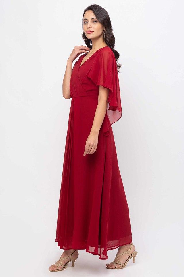 Buy ITI Maroon Womens Solid Cape Sleeves V Neck Fit and Flare Maxi