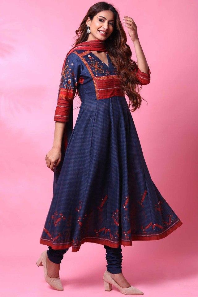 Buy BIBA Blue Round Neck Cotton Womens Anarkali Suit Set Shoppers Stop