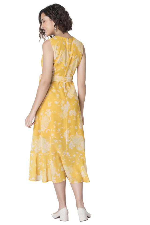 Buy FABALLEY Yellow Floral Georgette V Neck Womens Wrap Dress | Shoppers  Stop