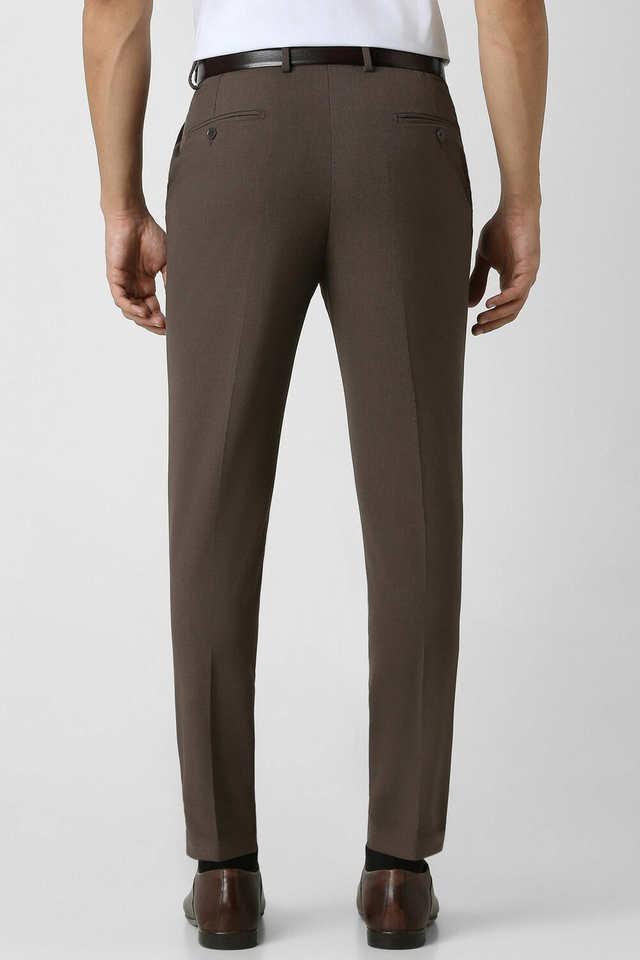 Buy VAN HEUSEN Brown Solid Polyester Regular Fit Men s Casual Trousers Shoppers Stop