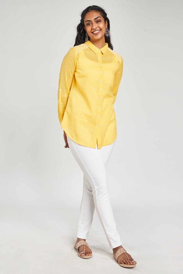 Buy GLOBAL DESI Yellow Self Design Viscose Shirt Collar Women's Curved Top