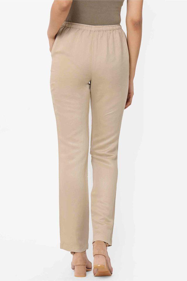 Beige Cotton Trouser For Women, Solid Regular Fit