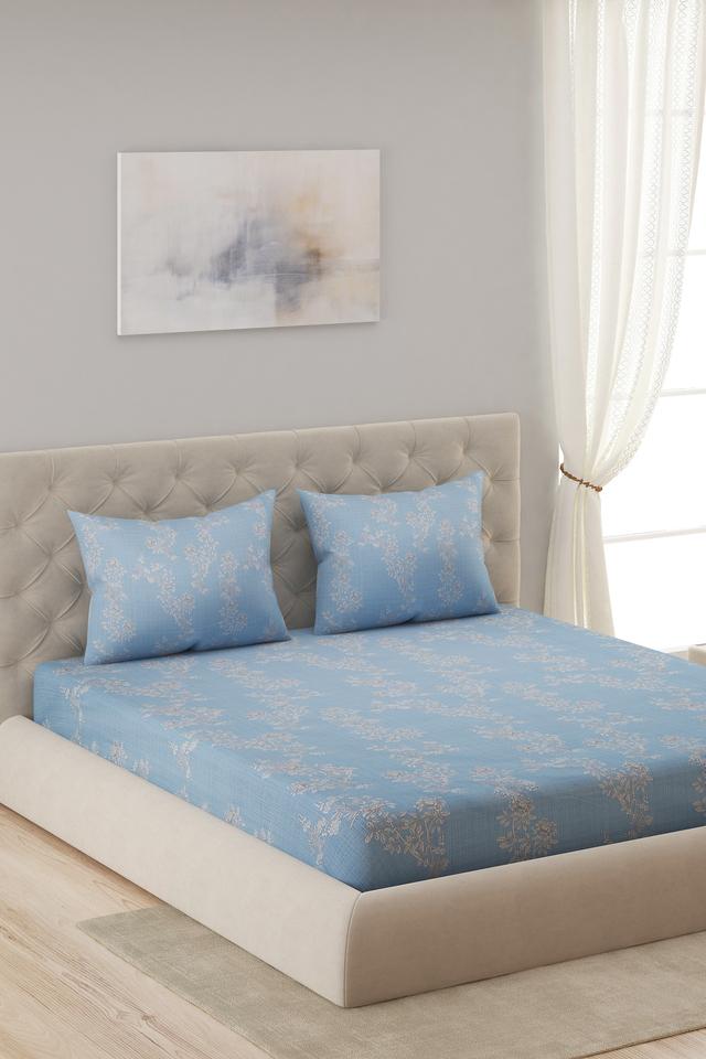 Buy FERN Blue Printed 180 TC Cotton 1 Double Bed Sheet With 2 Pillow