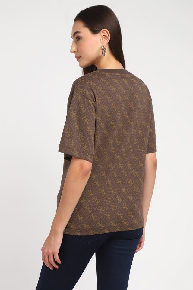 Buy GUESS Dark Brown Printed Cotton Round Neck Women s T Shirt Shoppers Stop