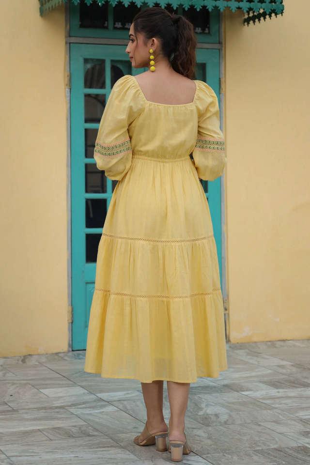 Buy JUNIPER Yellow Embroidered Cotton Square Neck Women's Ethnic Dress