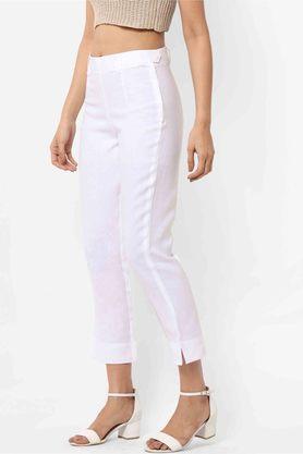 Buy COTTONWORLD White Solid Regular Fit Linen Womens Semi Formal Pants