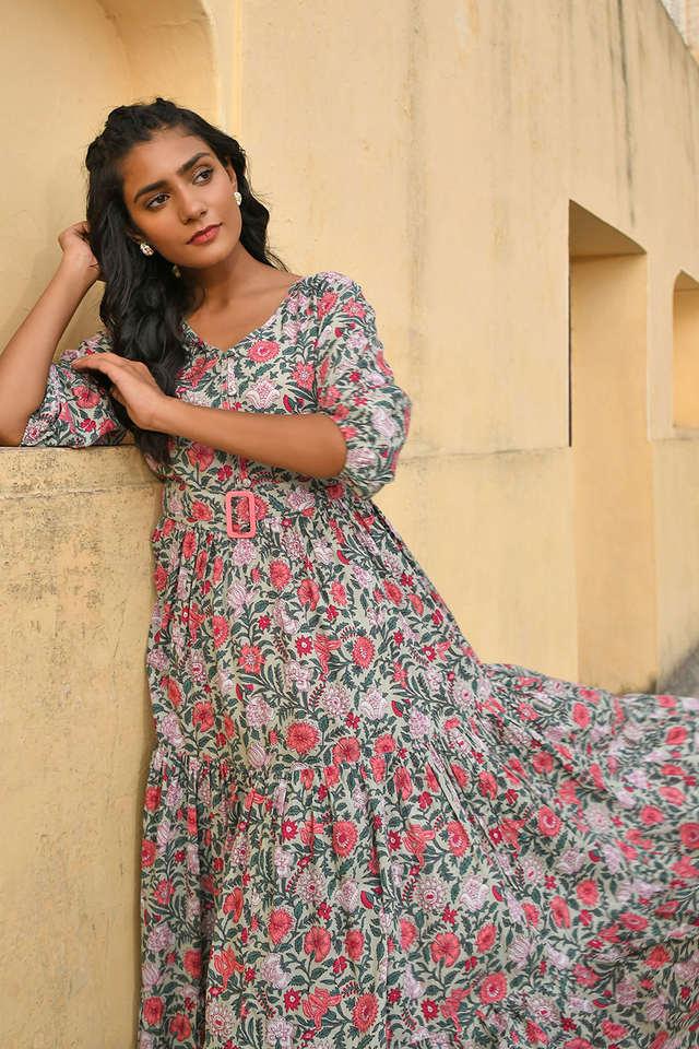 Hand Block Printed Mulmul Cotton Floral Dress - Mogra Designs