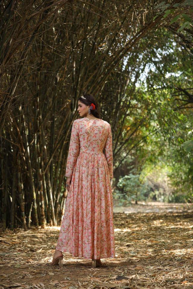 Buy SCAKHI Muslin Silk Floral Print Pleated Tiered Ethnic Dress