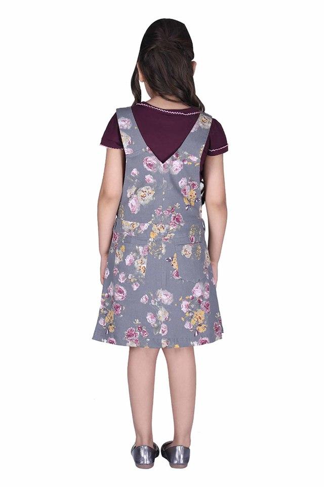 Girls Denim Floral Printed Maroon Dungaree Dress