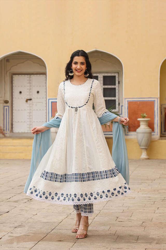 Buy SCAKHI White Embroidered Cotton Round Neck Women's Salwar