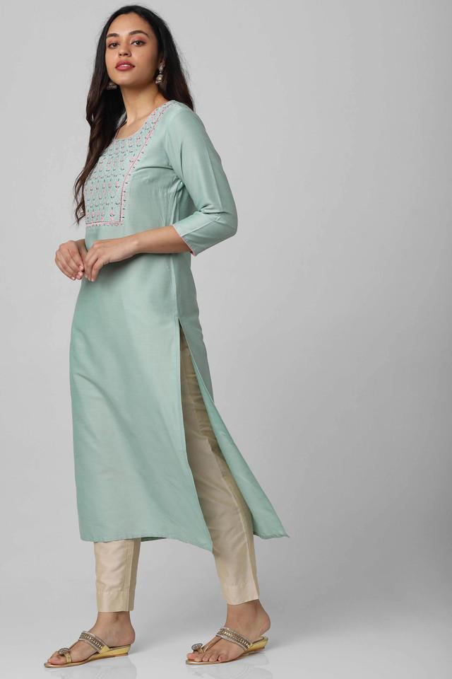 Womens Art Silk 3/4Th Sleeves Straight Fit Kurta