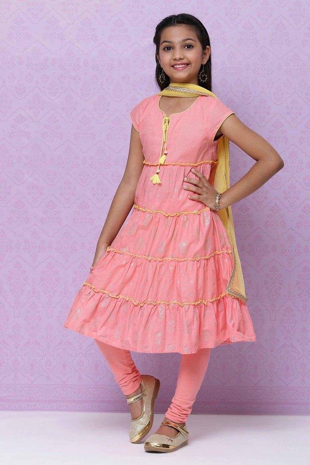 Buy BIBA GIRLS Peach Cotton Printed Girls Salwar Kurta Dupatta
