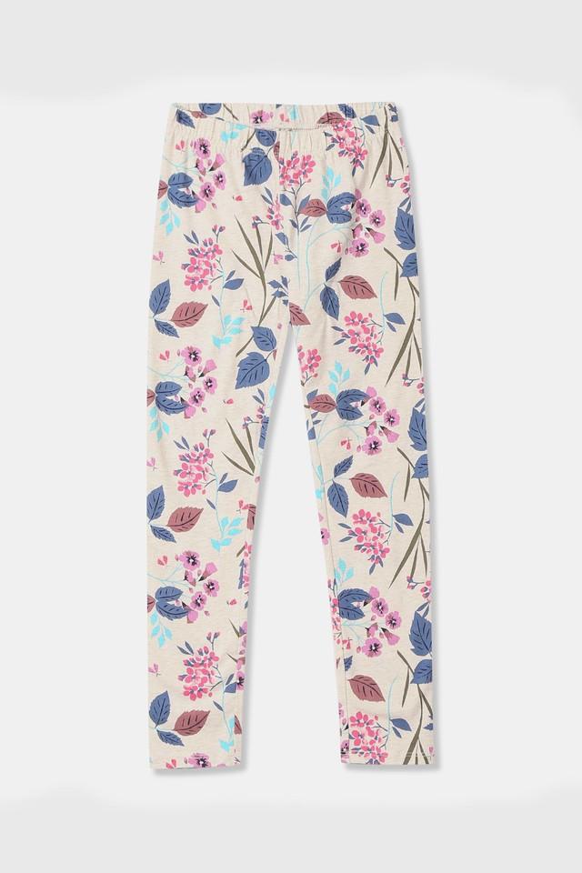 Girls Beige Floral Print Stretch Leggings