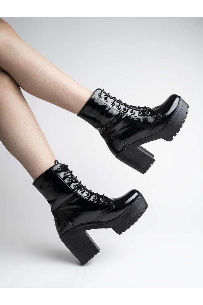 Patent lace up store heeled boots