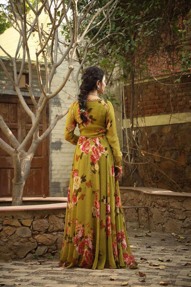 Organza Floral Print Angrakha Pleated Ethnic Gown