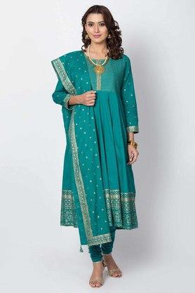 BIBA Women's Green Cotton Kalidar Kurta Churidar Suit Set : :  Fashion