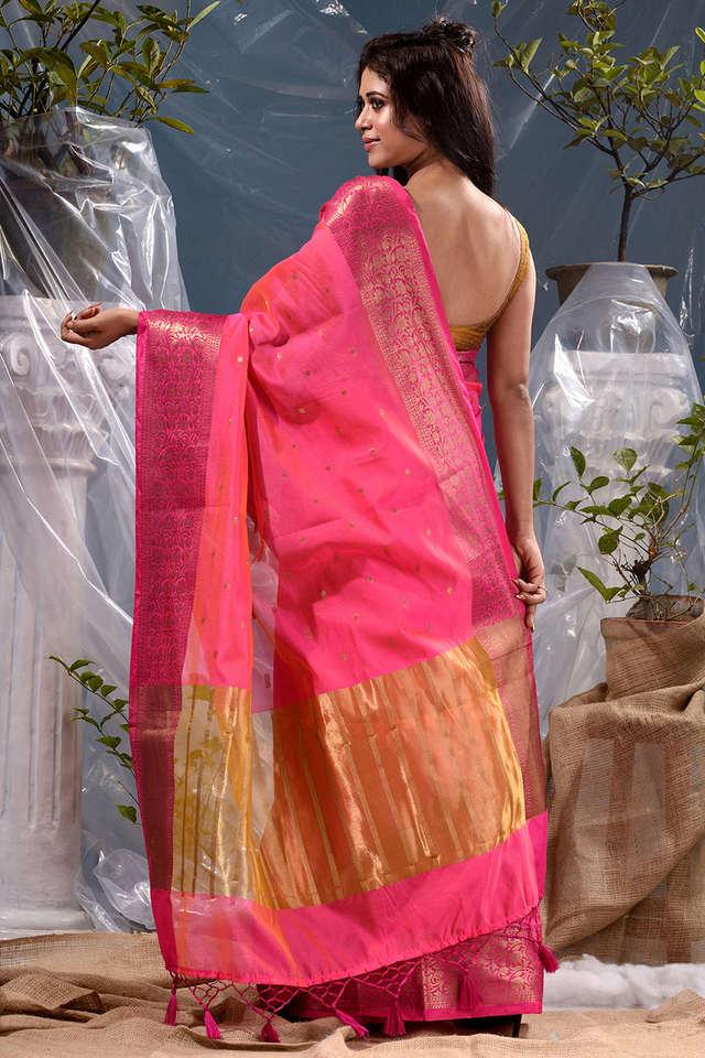 Buy BANARASI PATOLA Pink Pink And Gold Shade Cotton Silk Banarasi Saree  With Beautiful Antique Zari Buti Work And Contrast Striped Pallu With  Blouse Piece