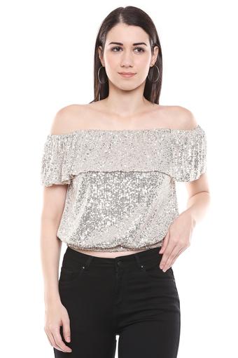 white sequin off the shoulder top