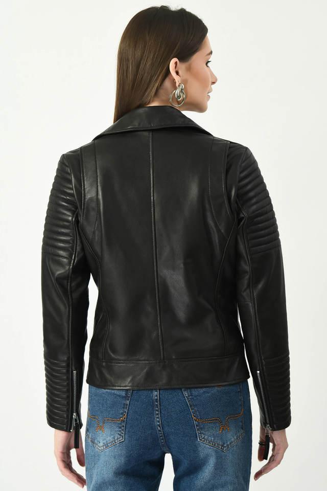 Solid Collared Leather Women's Winter Wear Jacket