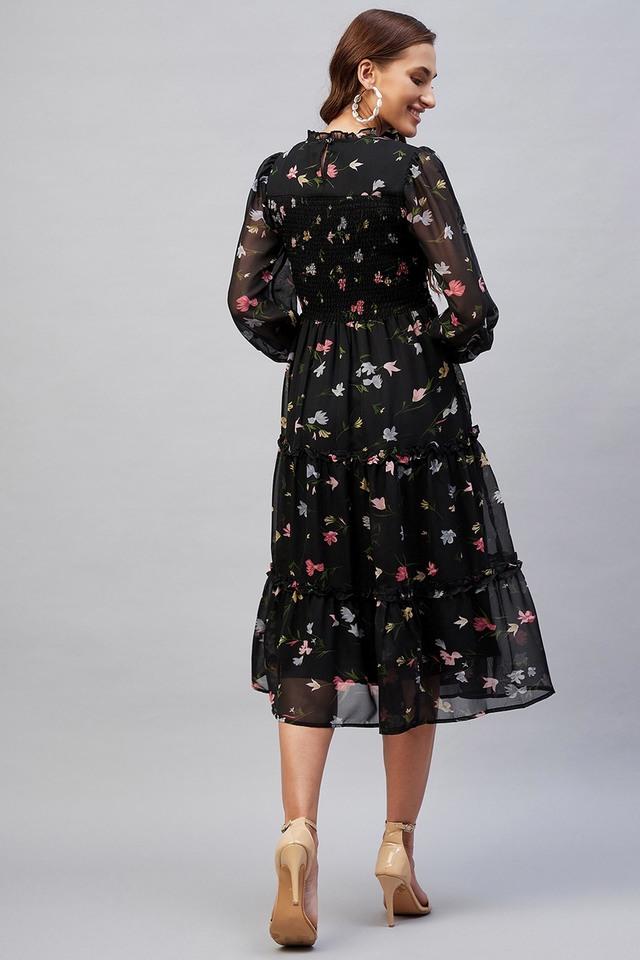 Buy RARE Black Floral Georgette High Neck Womens Midi Dress