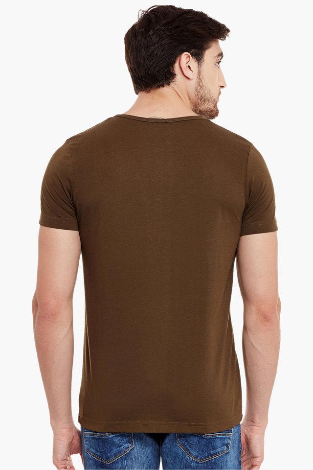 Buy THE VANCA Olive Mens Slim Fit Henley Neck Solid T-shirt with Short ...