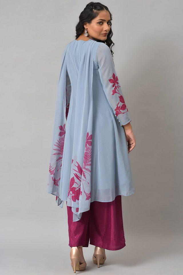 Pastel blue and pink printed Muslim kurta set with trouser and dupatta –  ATURABI