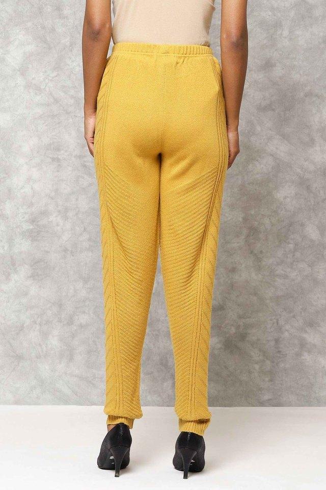 Buy BIBA Mustard Solid Knit Womens Casual Pants