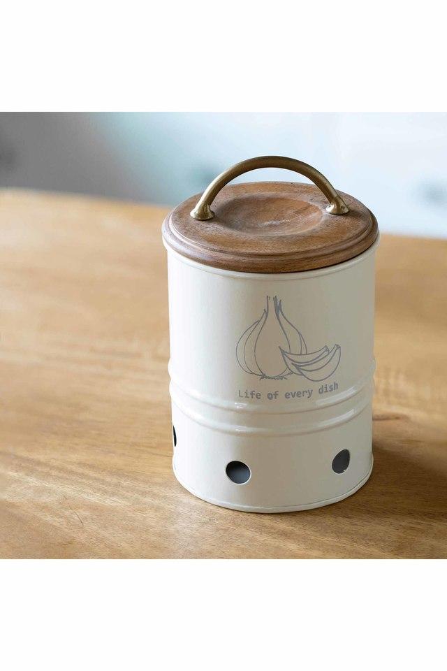 Buy ELLEMENTRY White Egg Shell Metal Garlic Storage Bin With Wooden Lid