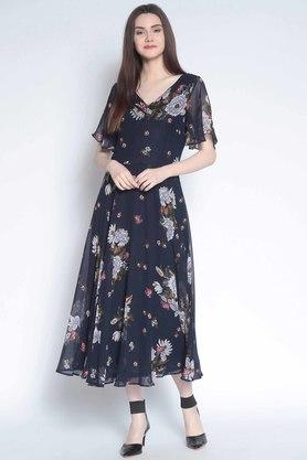 Floral Polyester V Neck Women's Flared Dress