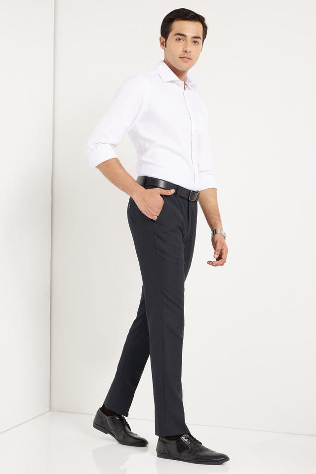 Buy INTUNE Navy Textured Polyester Blend Slim Fit Men Trousers