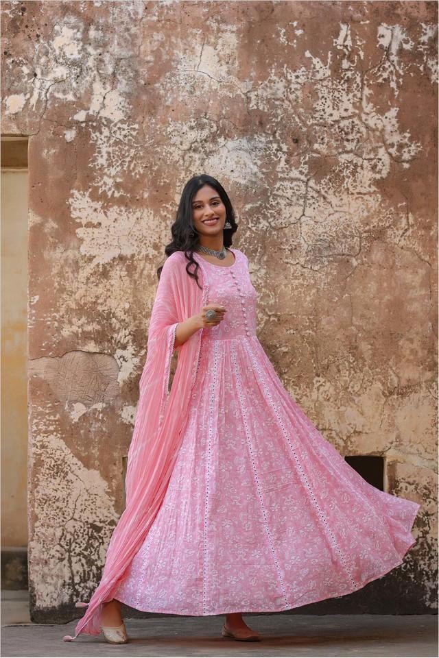 Buy SCAKHI Pink Printed Cotton Boat Neck Women s Anarkali Dress Shoppers Stop