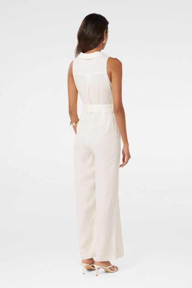 Buy FOREVER NEW White Solid Linen V Neck Women s Jumpsuit Shoppers Stop