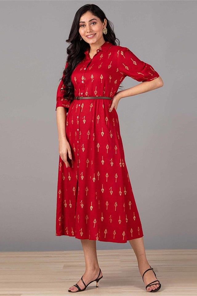 Buy INFUSE Maroon Printed Shirt Collar Rayon Womens Shirt Dress