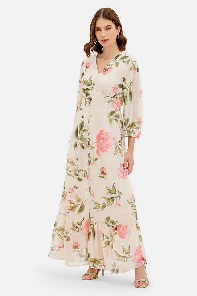 Buy KAZO Natural Printed Chiffon V Neck Women s Maxi Dress Shoppers Stop