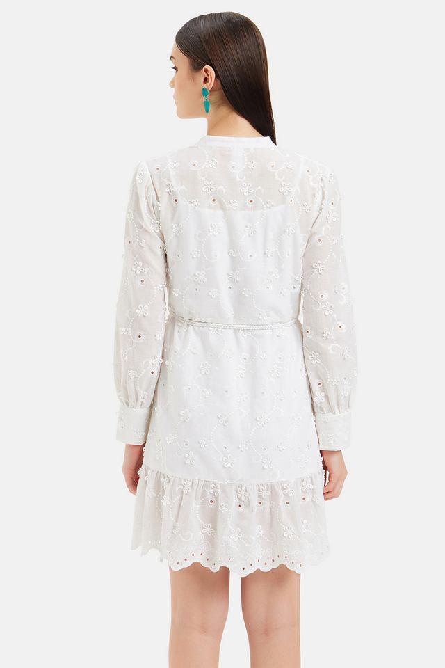 Buy KAZO White Embroidered Round Neck Cotton Women s Mini Dress Shoppers Stop